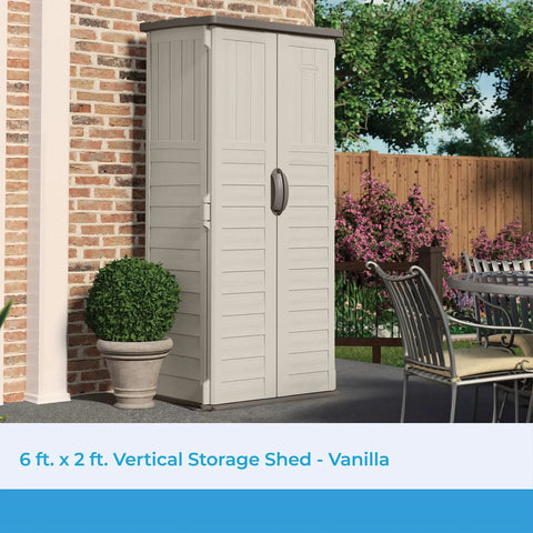 Vertical Outdoor Storage Shed For Long Handled Tools And Garden Gear In Vanilla, All Weather Construction
