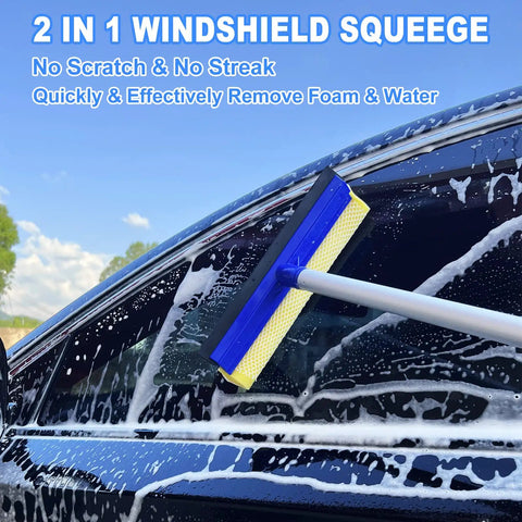 Car windshield being cleaned with 62 Inch Car Wash Kit With Mitt Sponge Long Handle Scratch Free Chenille Head Wheel Tire Brush Detailing Kit