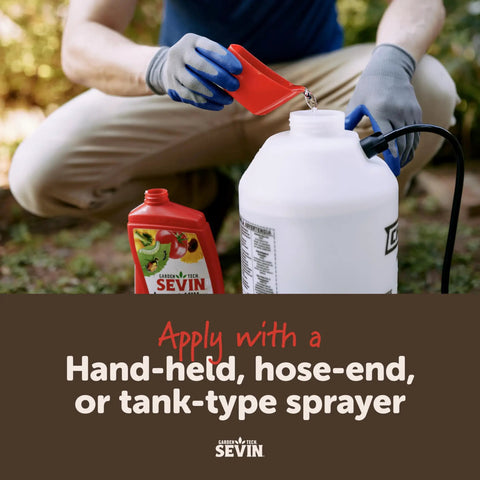 Person mixing Garden Insect Killer Concentrate 32 Oz Easy To Use Mix With Water And Spray Kills 500 Plus Pests Without Hurting Plants