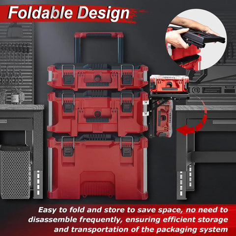 Foldable Tool Tray with expandable work surface for module storage systems, sturdy carbon steel frame, rust resistant.