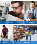 Collage of workers in various settings: factory, workroom, home, and warehouse.