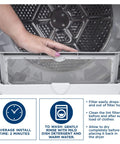 Hand holding Stainless Steel Dryer Lint Filter Screen OEM Part WE03X23881 for dryers; easy fit in durable gray plastic housing