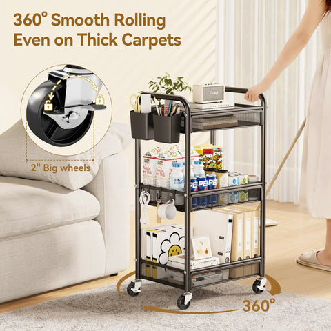 Three Tier Rolling Metal Cart With Wheels For Home Office Craft Kitchen Bedside Storage Dope Utility Cart With Hanging Cups Hooks And Mesh Basket Heavy Duty Black 110 Lbs Capacity in a home setting showcasing smooth rolling wheels on carpet.