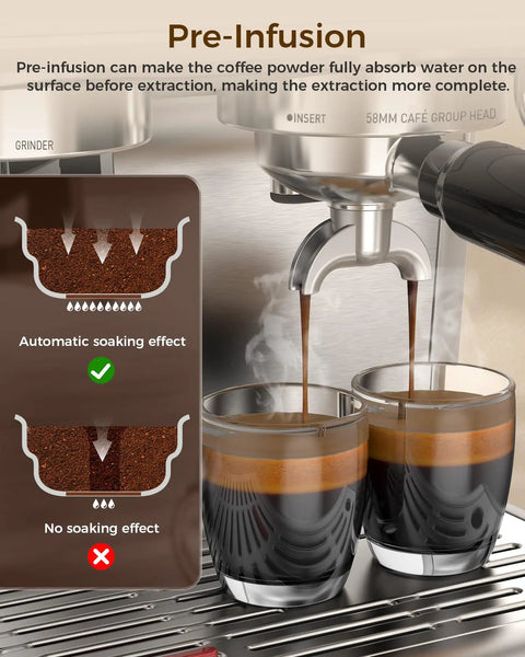 Pre-infusion process demonstrated with coffee extraction and cups using Built Tough 20 Bar Espresso Machine With Burr Grinder And Steam Milk Wand 58 Mm Commercial Stainless Steel Coffee Maker For Killer Shots And Smooth Lattes That Hit Different Every Time.