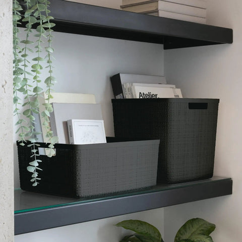 Set Of Four Large Cube 17L Jute Texture Plastic Storage Baskets Dope Organization For Home Office Closet Shelves Kitchen Pantry And Bedroom Essentials Black on shelf with books and plant