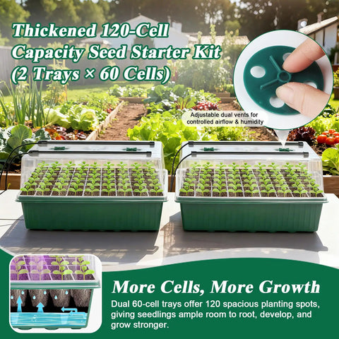 Two All In One Self Watering Seed Starter Trays With LED Grow Light Kit No Fuss 2 Pack 60 Cell Modules featuring humidity domes.
