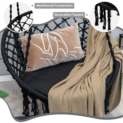 Macrame Hammock Chair Swing With Cushioned Seat And Hardware Kit For Indoor Outdoor Chill, Supports Up To 330 Lbs