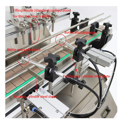 Close-up view of Top Shelf Automatic Pneumatic Filling Machine With Magnetic Pump and components like filling nozzles and conveyor.