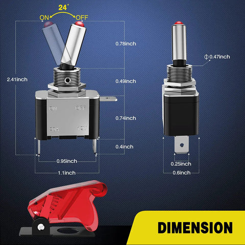 Five Pack 12V LED Toggle Switches Heavy Duty 20A SPST On Off 3 Pin Rocker For Automotive Cars Trucks Boats Racking With Red LED Indicator And Transparent Safety Cover, 0.47in tip