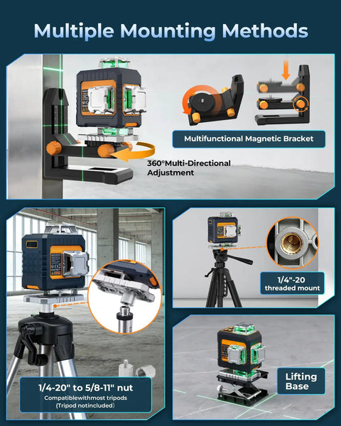 360 Degree Laser Level Self Leveling Kit With Four 360 Degree Green Lasers 16 Bright Lines For Precise Tile And Room Layouts From Floor To Ceiling Square Off Walls And Ceilings Like A Pro, magnetic bracket and tripod mount
