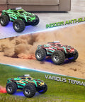 All Terrain Remote Control Car For Kids 1 To 16 Scale High Speed 25 Km Per Hour RC Truck on grass, sand, and indoors.