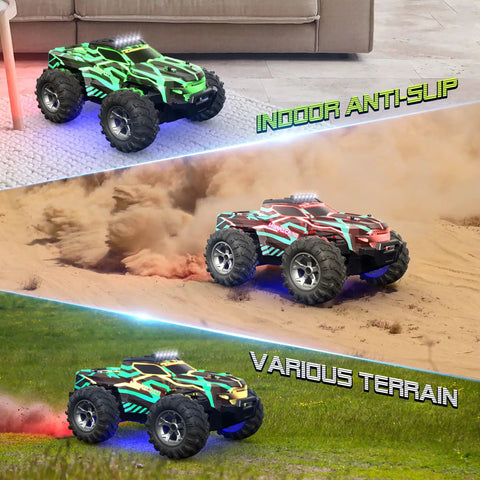 All Terrain Remote Control Car For Kids 1 To 16 Scale High Speed 25 Km Per Hour RC Truck on grass, sand, and indoors.