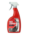 Red bottle of deer repellent spray with white trigger, labeled Deer Stopper II, protects gardens and landscaping from deer.