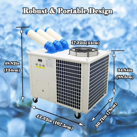 Hardcore 220V Industrial Air Conditioner Packing 29800 BTU for Shop and Site Cooling with three ducts and portable design.
