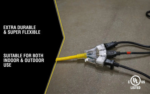 Heavy Duty Outdoor Extension Cord With Power Light Indicator connected to tools on concrete floor