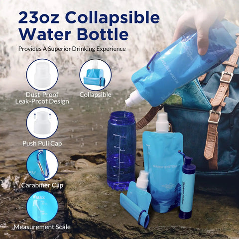 Person using Grab And Go Squeezable Water Filtration System With Survival Purifier Kit, filling 23oz collapsible bottle near backpack.