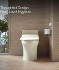 Heated Bidet Toilet Seat With Wireless Remote, Steady Warm Water Spray, Biscuit Color, in a modern bathroom setting.