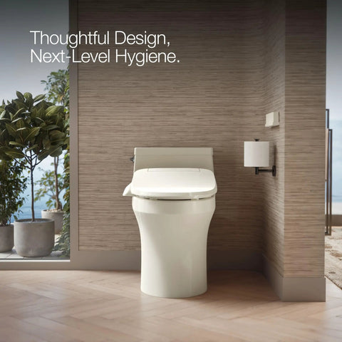 Heated Bidet Toilet Seat With Wireless Remote, Steady Warm Water Spray, Biscuit Color, in a modern bathroom setting.