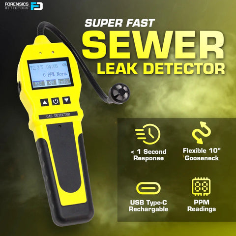 Sewer Gas Leak Detector Pro Grade With 20 Year Japanese Sensor adjustable alarms and rugged design shown with display screen.