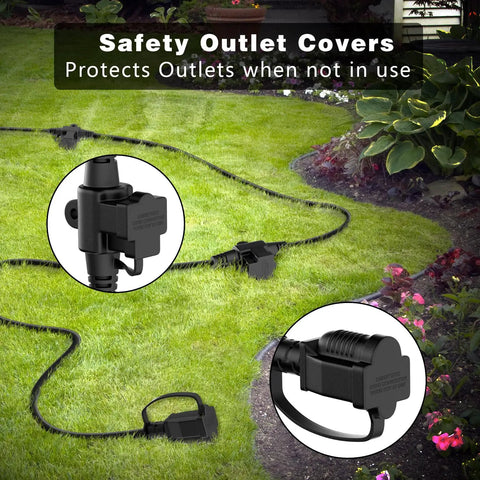 Outdoor Extension Cord 25 Ft With Three Evenly Spaced Outlets, weatherproof 16/3 SJTW cable on grassy lawn with outlet covers