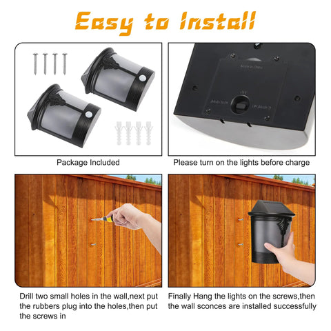Installation steps for 2 In 1 Solar Wall Lights Outdoor Pack Of 2 with screws and wall placement instructions.