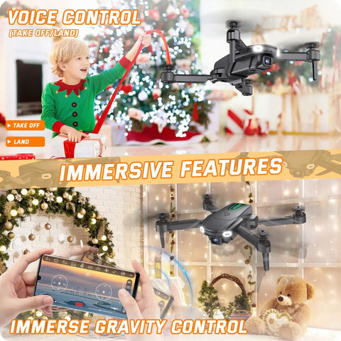 Child operating Foldable Camera Drone For Kids Beginners With Remote Control 1080P HD FPV Drone Two Batteries indoors by Christmas tree.