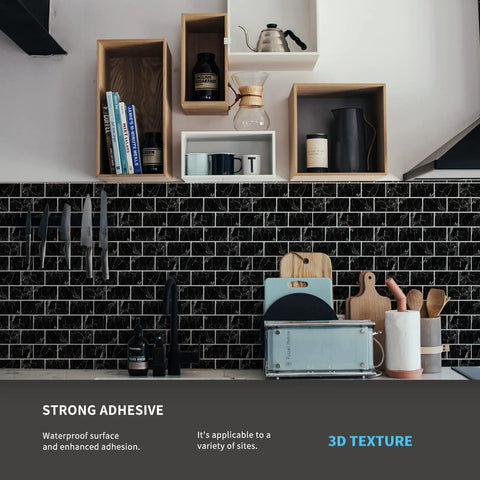 Peel And Stick Marble Subway Tile Backsplash 12x12 In Easy Install with kitchen shelf above black tiled wall