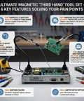 Magnetic Helping Hands Soldering Tool with four flexible gooseneck clamps holding PCB, strong magnetic base for electronics repair.