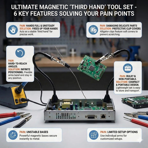 Magnetic Helping Hands Soldering Tool with four flexible gooseneck clamps holding PCB, strong magnetic base for electronics repair.