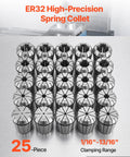 Premium 25 Piece Er32 Spring Collet Set With 1/16 To 13/16 Inch Clamping Range, showcasing stainless steel collets arranged in order.