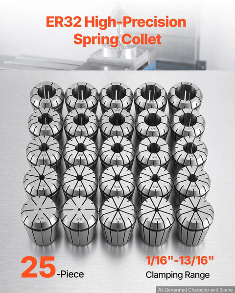 Premium 25 Piece Er32 Spring Collet Set With 1/16 To 13/16 Inch Clamping Range, showcasing stainless steel collets arranged in order.