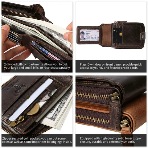 Full Grain Vintage Leather RFID Blocking Bifold Wallet For Men With Three Sided Zipper Flap ID Window Zip Coin Pocket