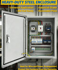 Heavy Duty Electrical Junction Box 16x12x8 Inch IP66 Nema 4X Rated Steel Enclosure with DIN rail and circuit breakers.