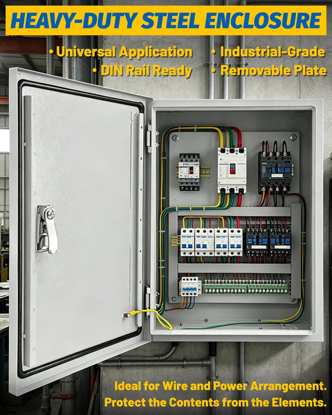Heavy Duty Electrical Junction Box 16x12x8 Inch IP66 Nema 4X Rated Steel Enclosure with DIN rail and circuit breakers.