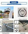 Mobile catering trailer detail showing sales window, power connector, towing system, and truck jack. Boot Up Your Culinary Hustle With This Dope Mobile Catering Trailer Featuring Smooth AC Cooling And A Crisp White Mailbox Layout Perfect For Cafe Setups Or Street Food Ventures Straight From The Factory Floor With No Rip Off Pricing.