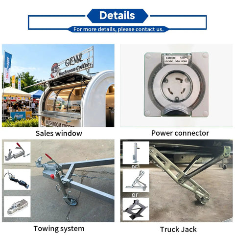 Mobile catering trailer detail showing sales window, power connector, towing system, and truck jack. Boot Up Your Culinary Hustle With This Dope Mobile Catering Trailer Featuring Smooth AC Cooling And A Crisp White Mailbox Layout Perfect For Cafe Setups Or Street Food Ventures Straight From The Factory Floor With No Rip Off Pricing.
