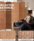 Four-Panel 6-Foot Tall Room Divider Freestanding Privacy Screen With Hand-Woven Paper Rope Diamond-Weave Natural Finish behind woman reading
