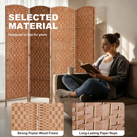 Four-Panel 6-Foot Tall Room Divider Freestanding Privacy Screen With Hand-Woven Paper Rope Diamond-Weave Natural Finish behind woman reading
