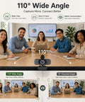 Crisp 1080P Webcam With Built In Noise Canceling Mic And Slide Privacy Cover Offers Automatic Brightness Tuning showing 110 degree wide angle for online meetings.