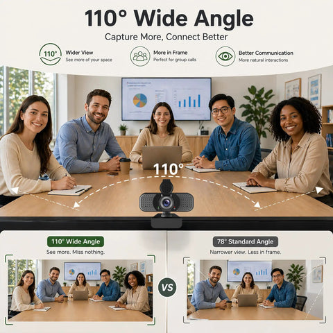 Crisp 1080P Webcam With Built In Noise Canceling Mic And Slide Privacy Cover Offers Automatic Brightness Tuning showing 110 degree wide angle for online meetings.