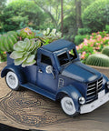 Farmhouse Blue Truck Tabletop Decor with succulents, vintage car truck on wooden surface for indoor outdoor rustic farmhouse vibe.