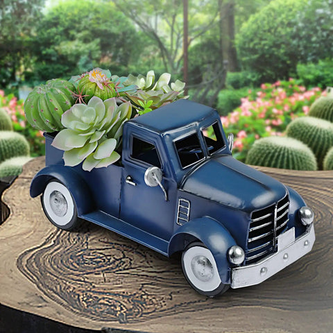 Farmhouse Blue Truck Tabletop Decor with succulents, vintage car truck on wooden surface for indoor outdoor rustic farmhouse vibe.