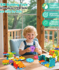 Child playing with STEM Gear Building Toys Set With 248 Pieces And Electric Drill, colorful blocks on table