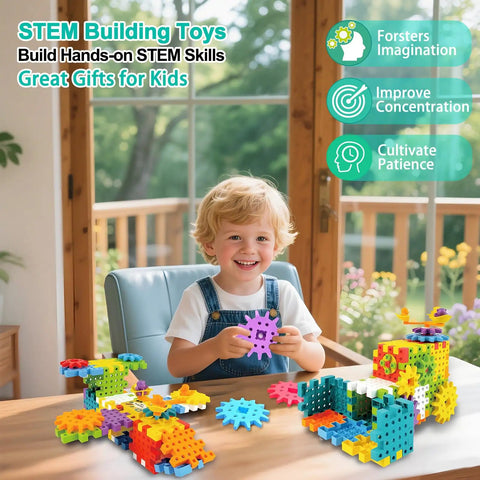 Child playing with STEM Gear Building Toys Set With 248 Pieces And Electric Drill, colorful blocks on table