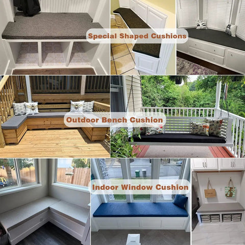 Custom Bench Cushions For Indoor Furniture And Outdoor Patio, Totally Customizable Size Thickness Shape Fabric Color Piping And Non Slip Fixing, 75D Foam Seat Cushions For Bay Windows Kitchen Nook Benches Mudrooms And Sofas, showcasing indoor and outdoor settings
