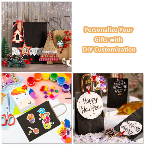 Bulk 25 Pack Black Kraft Gift Bags With Handles 5.25x3x8 Inches Eco Friendly Recycled Paper Ideal For Party Favors Displayed with DIY Decor