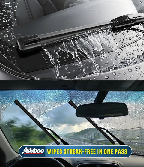 Premium Silicone Windshield Wiper Blades 24 And 18 Inch Set in action, clearing water from the windshield for clear visibility.
