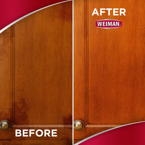 Before and after using Cabinet And Wood Clean And Shine Spray With Fresh Almond Scent For Kitchen Cabinets, Furniture, Baseboards And Trim.