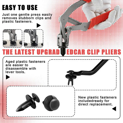 4-In-1 Car Trim Removal Tool Kit With Clip Pliers in use, red-handled design removing plastic fasteners and clips