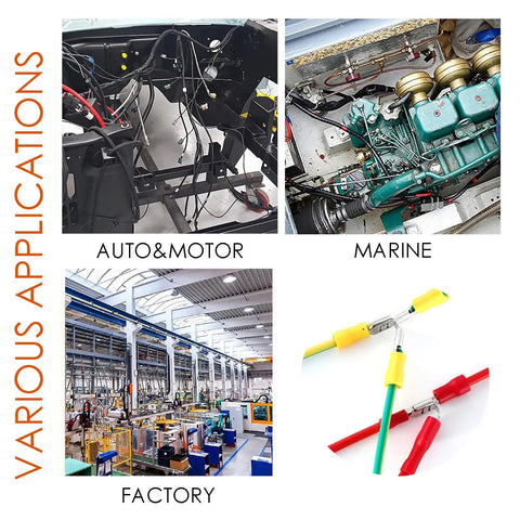 Various applications of Piggyback Spade Connectors Kit 100 Pcs 24 To 10 Gauge Quick Disconnects, including automotive and marine uses.